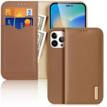 Dux Ducis iPhone 14 Pro Max atverčiamas odinis dėklas Hivo, rudas