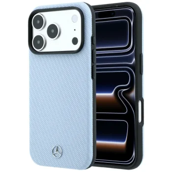 Mercedes Leather Semi Wrap Wood Effect MagSafe dėklas iPhone 17/18 Pro Max, mėlynas