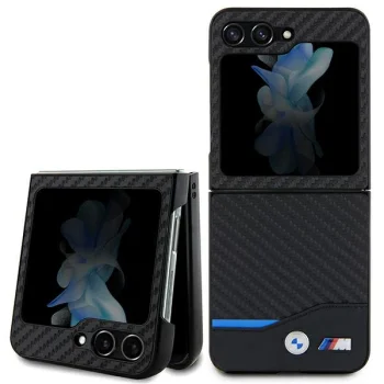 BMW dėklas Samsung Galaxy Z Flip 5 telefonui Leather Carbon, juodas