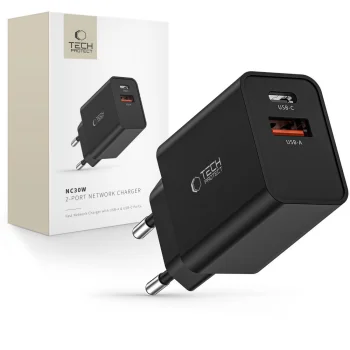 Tech-Protect NC30W Wall Charger USB-C PD 30W / USB-A QC 3.0 - Black