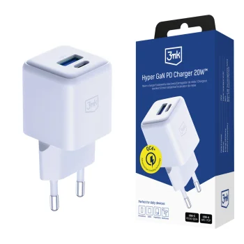 3mk Hyper GaN Charger 20W USB-C USB-A sieninis įkroviklis, baltas