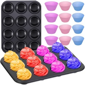 Teflon Mold Muffin Cupcake Baking Dish + 12 Silicone Molds