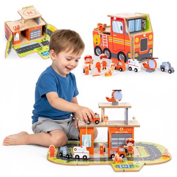 ECOTOYS medinis gaisrinės rinkinys „du viename“ su priedais