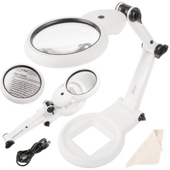 Large Desktop Jeweler Magnifier 12x 8x with 18 LED USB, White/Black