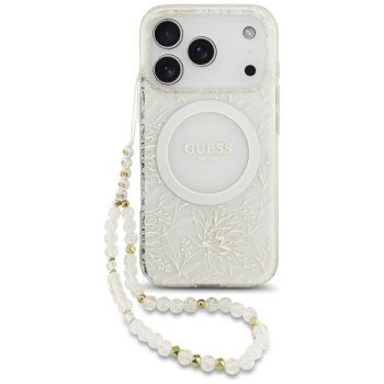Guess IML Flowers Electro dėklas su perlų dirželiu iPhone 17 Pro, baltas