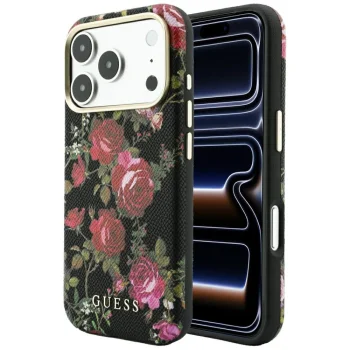 Guess Blossom Roses Print MagSafe case for iPhone 18 Pro / 17 Pro, black