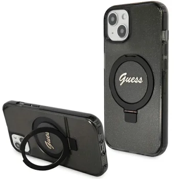 Guess Ring Stand Script Glitter MagSafe dėklas iPhone 13/14/15, juodas