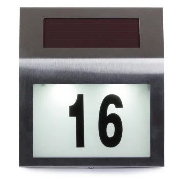 Šviečiantis namo numeris su saulės baterija ir LED, sidabrinis
