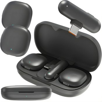 Dvigubas belaidis prisegamas mikrofonas su USB-C imtuvu telefonui ir PC
