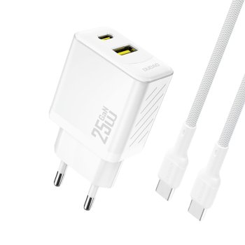 Dudao A26TCEU GaN įkroviklis PD QC 25W su USB-C laidu, baltas