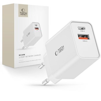 Tech-Protect NC30W USB-C PD 30W / USB-A QC 3.0 įkroviklis, baltas