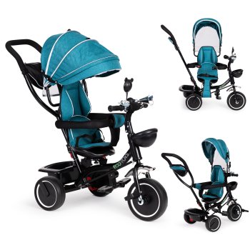 ECOTOYS triratukas vaikams su 360° sukamąja kėde ir stogeliu, Blue-Green