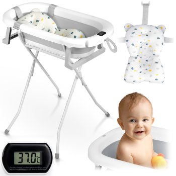 Sulankstoma kūdikių vonelė su stovu ir termometru Ricokids RK-287, balta-pilka