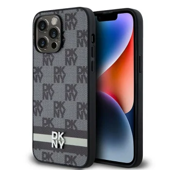 DKNY Leather Checkered Mono Pattern dėklas iPhone 14 Pro Max telefonui, juodas