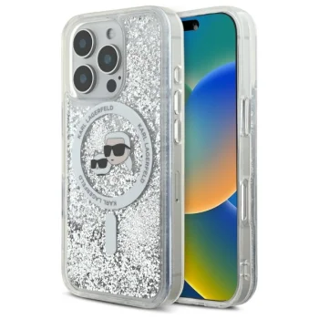 Karl Lagerfeld iPhone 16 Pro dėklas Liquid Glitter Karl & Choupette MagSafe, skaidrus