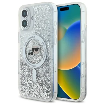Karl Lagerfeld dėklas iPhone 16 Plus telefonui Liquid Glitter Karl & Choupette MagSafe