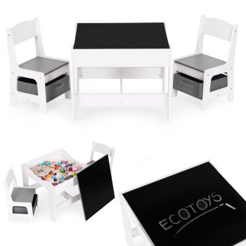 ECOTOYS vaikiškas stalas su 2 kėdutėmis, lentos stalviršiu ir dėžėmis ZKC-1A