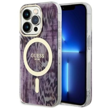 Guess dėklas iPhone 14 Pro telefonui Leopard MagSafe, rožinis