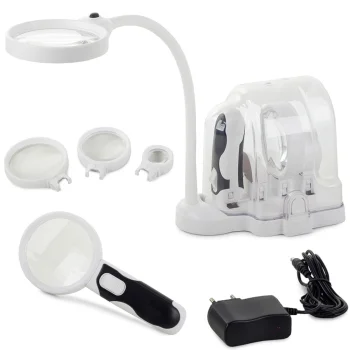 Padidinimo stiklas su LED apšvietimu ir keičiamais lęšiais 2-in-1