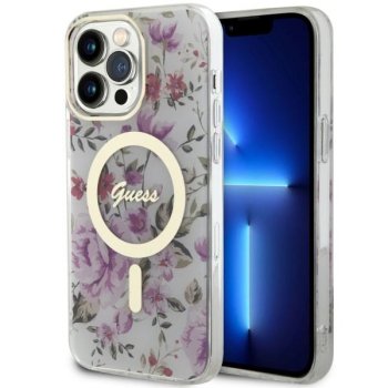 Guess dėklas iPhone 14 Pro telefonui Flower MagSafe, skaidrus