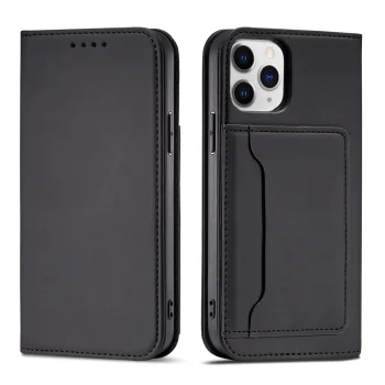 Atverčiamasis dėklas iPhone 12 Pro su kortelių skyriais ir stovu Magnet Card Case, juodas