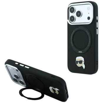 Karl Lagerfeld Ring Stand 360 Karl Head Pin MagSafe dėklas iPhone 18 Pro / 17 Pro, juodas