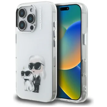 Karl Lagerfeld IML Aquarelle Karl & Choupette & Logo dėklas iPhone 16 Pro Max, baltas