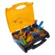Kinetinio smėlio statybų rinkinys su kranu ir transporto priemonėmis lagamine