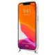 Guess dėklas iPhone 13 mini su ruda juostele ir auksine grandinėle, skaidrus