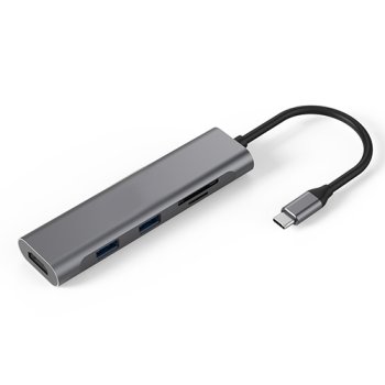 Extra Digital USB-C adapteris 2x USB 3.0, HDMI 4K, SD, TF, pilkas