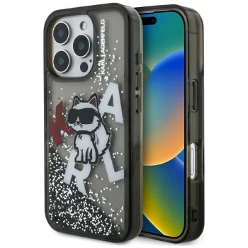 Karl Lagerfeld Liquid Glitter Choupette dėklas iPhone 16 Pro Max - juodas