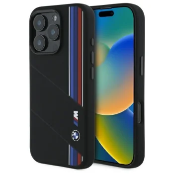 BMW dėklas iPhone 16 Pro telefonui Silicone Cut Tricolor Lines MagSafe, juodas