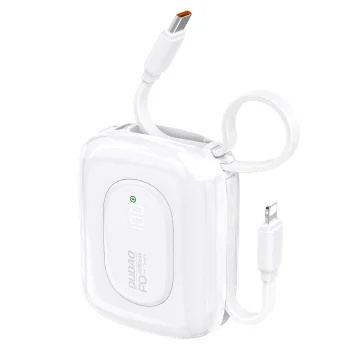Dudao K32 išorinė baterija 10000 mAh 22.5W su įmontuotais USB-C/Lightning laidais, balta