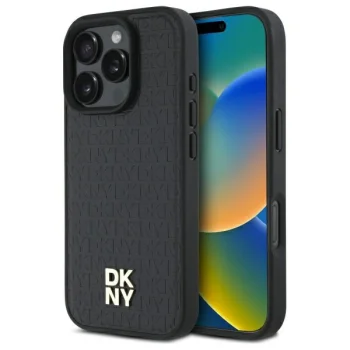 DKNY Repeat Pattern Stack Logo MagSafe dėklas, skirtas iPhone 16 Pro, juodas