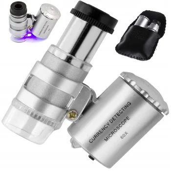 Kišeninis mikroskopas ir juvelyrinis didintuvas 60x su 2 LED ir UV šviesa