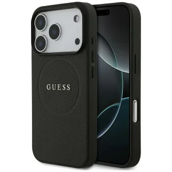 Guess Grained Gold Ring MagSafe dėklas iPhone 18 Pro / 17 Pro, juodas