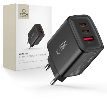 Tech-Protect NCA65W-GAN GaN 65W 3 prievadų sieninis įkroviklis, Juodas