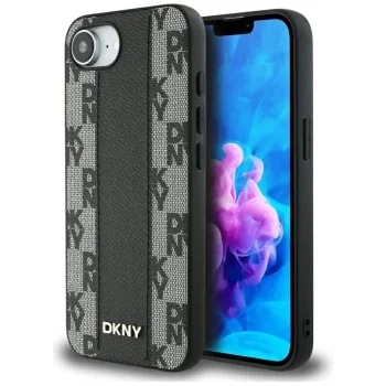DKNY Leather Checkered Mono Pattern MagSafe dėklas iPhone 16e, juodas