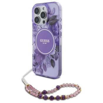 Guess IML Flowers Pearl Strap MagSafe dėklas iPhone 16 Pro Max telefonui, violetinis