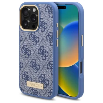 Guess dėklas iPhone 16 Pro Max telefonui „4G Logo Plate MagSafe“, mėlynas