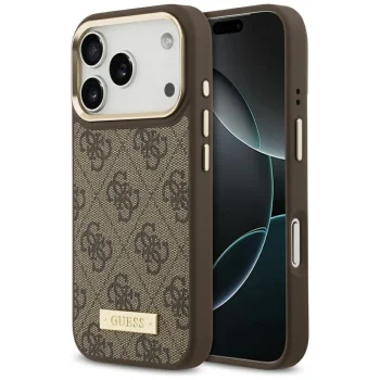 Guess 4G Logo Plate MagSafe dėklas telefonui iPhone 17 Pro, rudas