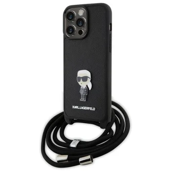 Karl Lagerfeld dėklas iPhone 15 Pro Max Crossbody Saffiano Monogram, juodas