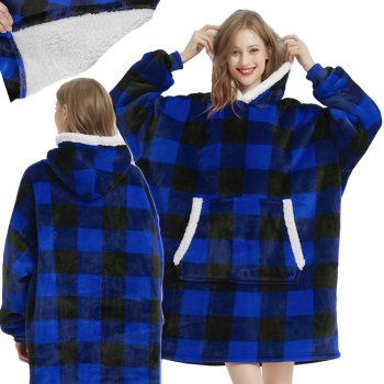 Oversized Blanket Hoodie with Pocket Blue Plaid