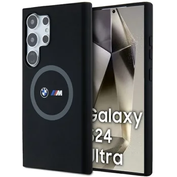 BMW dėklas Samsung Galaxy S24 Ultra telefonui Silicone Printed Ring MagSafe, juodas
