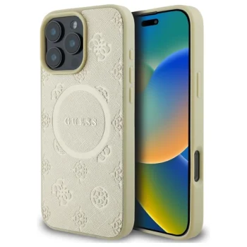 Guess Saffiano Peony Classic Logo MagSafe iPhone 16 Pro Max Case - Gold