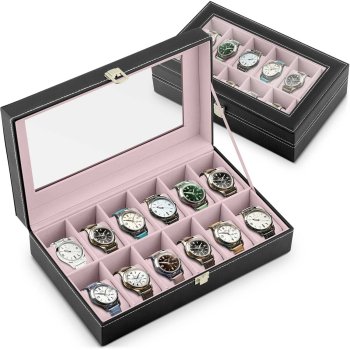 Massido 12-Slot Watch Box Organizer MS-710, Black & Salmon