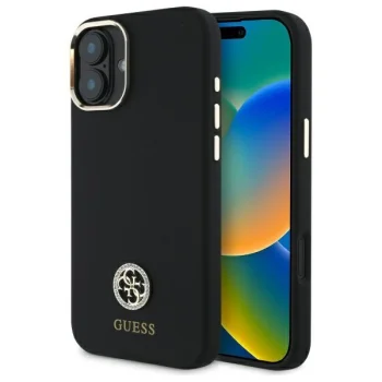 Guess Silicone Logo Strass 4G dėklas, skirtas iPhone 16, juodas