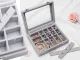 Aksominė papuošalų dėžutė su stikliniu dangteliu, 24 skyreliai, pilka