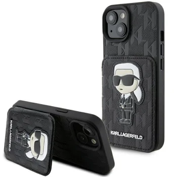 Karl Lagerfeld dėklas iPhone 15 telefonui Saffiano Monogram Ikonik Patch, juodas