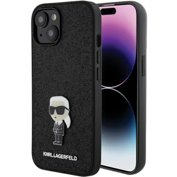 Karl Lagerfeld dėklas iPhone 15 telefonui Glitter Ikonik Logo Metal Pin, juodas
